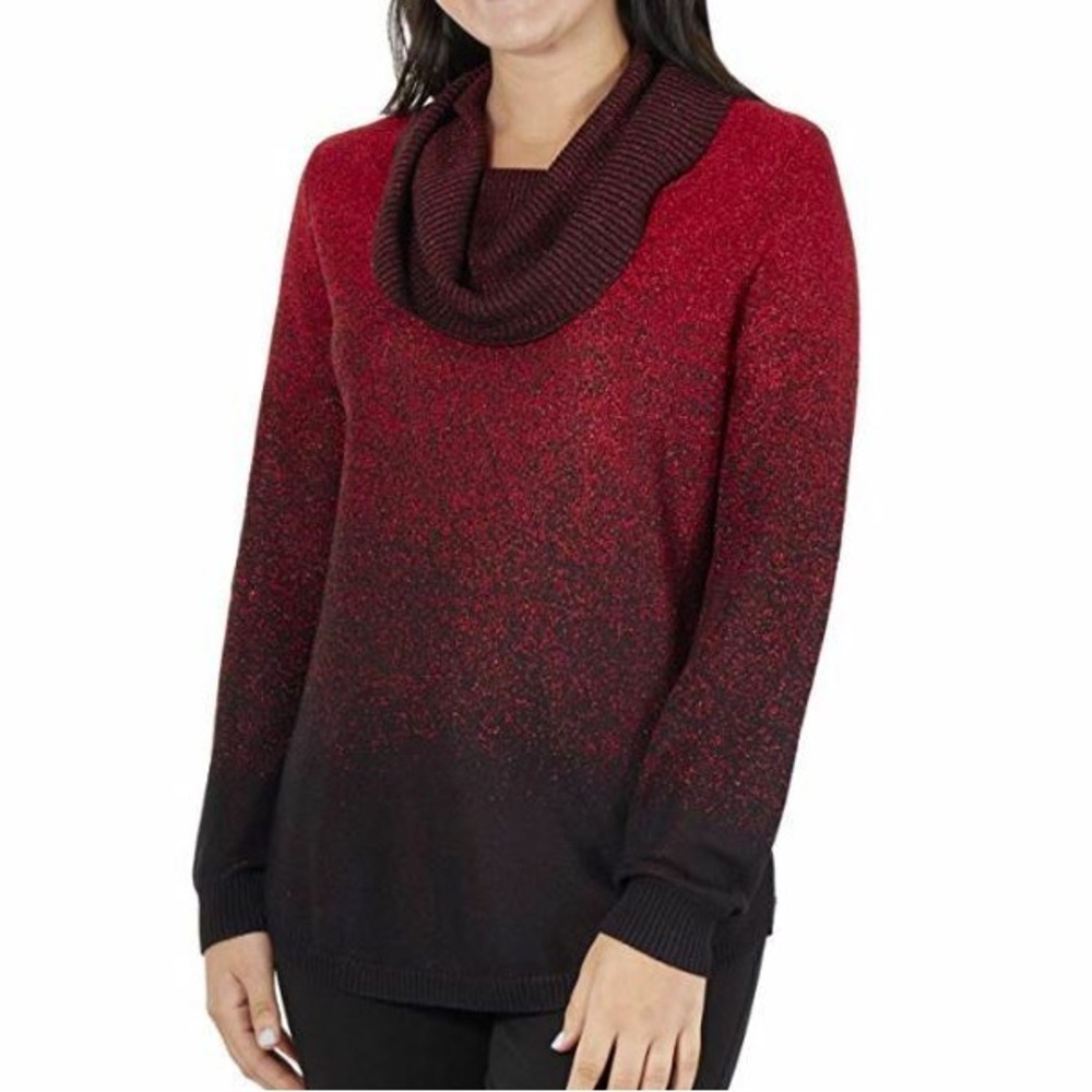 Ombré Red Black Shimmer Fold-over Metallic Sweater Top NY Collection Medium Chic